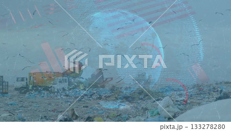 Landfill waste with two trucks dumping trash, circling birds, showing digital globe chart overlay Landfill waste with two trucks dumping trash, circling birds, showing digital globe chart overlay 133278280