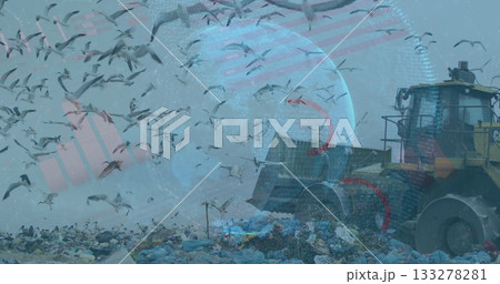 Pushing compactor leveling garbage at dump, with gulls, globe and flag-stripe overlay, copy space 133278281