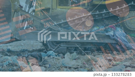Pushing tracked bulldozer flattening waste at open dump site, with digital data overlays Pushing tracked bulldozer flattening waste at open dump site, with digital data overlays 133278283