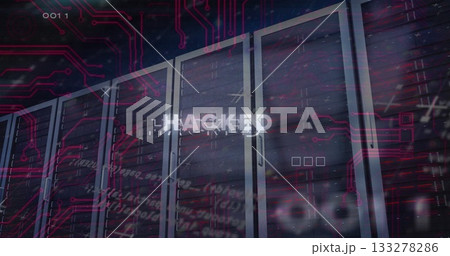 Displaying server racks in server room with red circuit graphics, code snippets, hacked glitch text 133278286