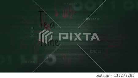 Hovering 'Tea time' text over circuit display with binary code squares and glitch overlays 133278293