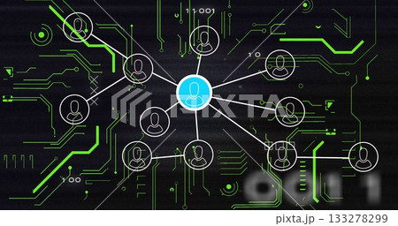 Connecting central blue user icon to white user icons on network diagram with green circuit traces 133278299