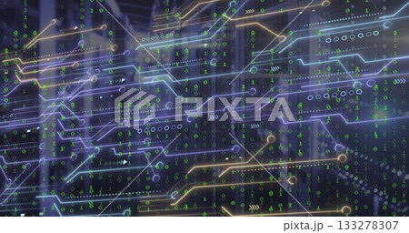 Showing circuit board lines nodes green binary bits and arrows overlaying datacenter server racks 133278307