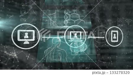 Displaying connected device icons linking user profiles on medical network, with DNA helix visuals 133278320