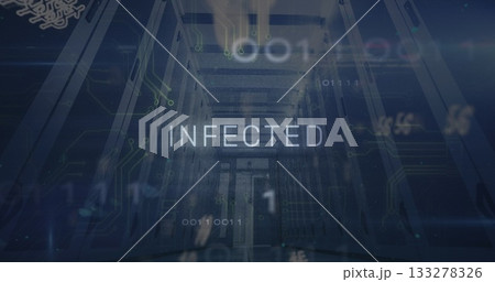 Displaying bold 'INFECTED' text floating through data center corridor, with binary code overlays Displaying bold 'INFECTED' text floating through data center corridor, with binary code overlays 133278326