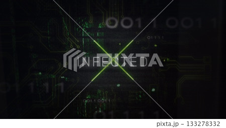 Displaying neon-green X graphic overlaying INFECTED on cyber interface, with floating binary code Displaying neon-green X graphic overlaying INFECTED on cyber interface, with floating binary code 133278332