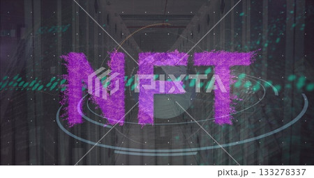 Large purple textured NFT letters floating in virtual corridor, with orbit rings and green pixels 133278337