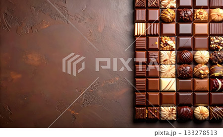 《AI画像》茶色い背景と綺麗に並んだ高級チョコレート 133278513