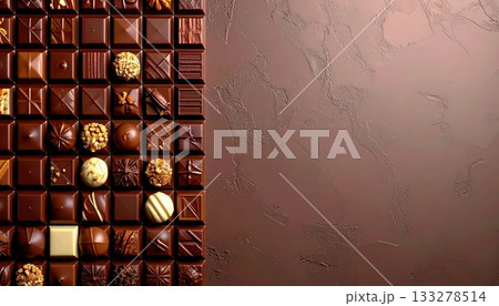 《AI画像》茶色い背景と綺麗に並んだ高級チョコレート 133278514