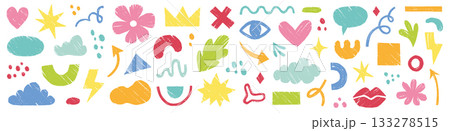 Crayon brush sticker cute organic shape set. Hand drawn sketch doodle scribble pastel brush geometric shape crayon effect background. Abstract arrow, circle, zigzag elements. Vector 133278515