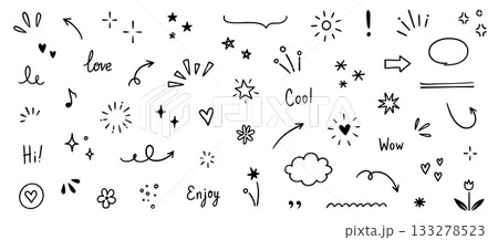 Line arrow, star, heart cute icon elements. Hand drawn sketch heart, arrow, star, flower decoration symbols. Simple sketch line style emphasis, attention, graphic elements. Vector Line arrow, star, heart cute icon elements. Hand drawn sketch heart, arrow, star, flower decoration symbols. Simple sketch line style emphasis, attention, graphic elements. Vector 133278523