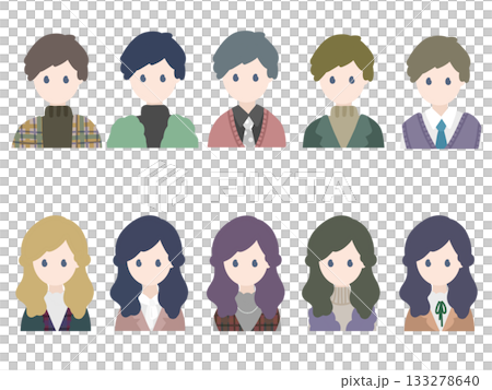 Upper body men and women in various clothing and hairstyles Upper body men and women in various clothing and hairstyles 133278640