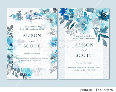 水彩の青い草花、バラ、鳥、線画のインビテーションカードのテンプレートセット 133278670