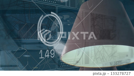 Emitting glow, cone-shaped shade projecting gauge numeric map overlays in control room, copy space 133278727