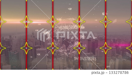 Wireframe globe hovering above skyline at dusk, with numeric data, grid lines, star markers Wireframe globe hovering above skyline at dusk, with numeric data, grid lines, star markers 133278786