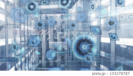 Processing main server rack projecting hologram overlays in data room, with LED lights and formulas 133278787