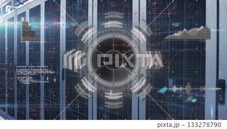 Displaying circular HUD interface overlaying server rack rows with red equations, code snippets 133278790