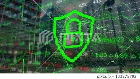 Displaying neon green shield showing padlock icon over financial district scene, with floating data Displaying neon green shield showing padlock icon over financial district scene, with floating data 133278792