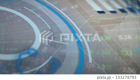 Circular blue gauge overlaying translucent grid in finance UI, with numeric overlays and triangles Circular blue gauge overlaying translucent grid in finance UI, with numeric overlays and triangles 133278793
