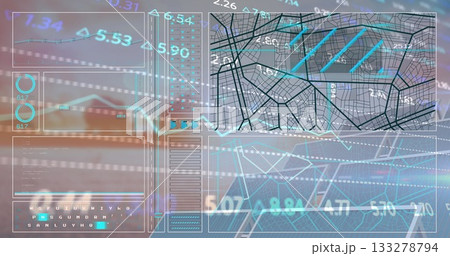Displaying translucent digital dashboard overlay on office view, with line charts and map grid data 133278794