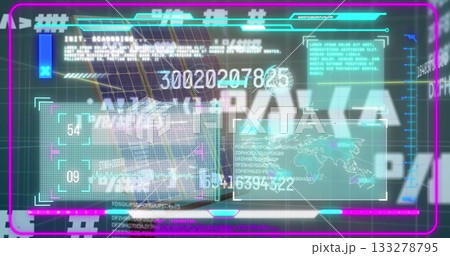 Displaying neon HUD interface floating on world map overlay, with numeric panels and magenta frame Displaying neon HUD interface floating on world map overlay, with numeric panels and magenta frame 133278795