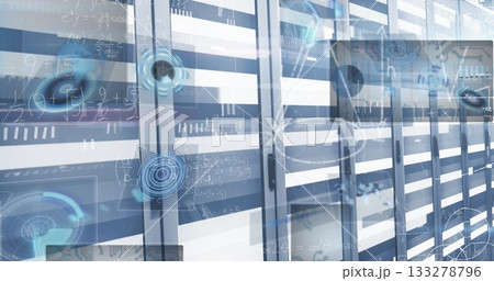 Glowing server cabinets showcasing components in data center hallway, with digital HUD overlays 133278796