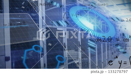 Glowing blue gear-like graphic dominating data center with server racks and circuit math overlays 133278797