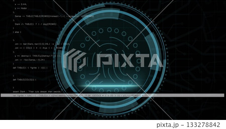 Displaying biometric fingerprint graphic on terminal screen, with concentric HUD arcs and code 133278842