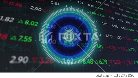 Showing concentric HUD rotating readouts on computer screen, with green, red triangles, waveforms 133278850