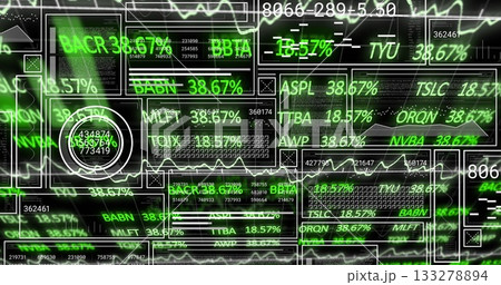 Displaying dashboard showing rectangular panels on console, with stock tickers and waveform line 133278894