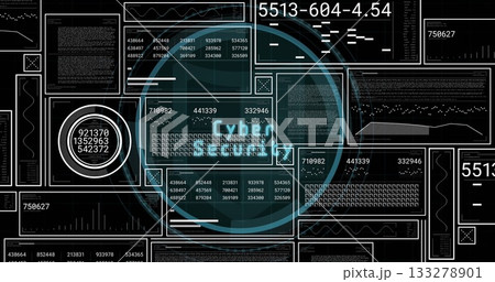 Displaying central circular overlay highlighting Cyber text on computer dashboard, with data panels 133278901