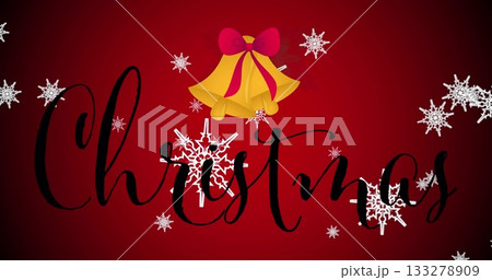Glowing black Christmas script shining on red gradient backdrop, with golden bells and snowflakes 133278909