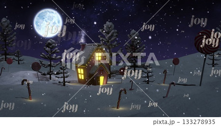 Snow-covered cottage radiating glow in forest under full moon, with candy canes and smoking chimney Snow-covered cottage radiating glow in forest under full moon, with candy canes and smoking chimney 133278935