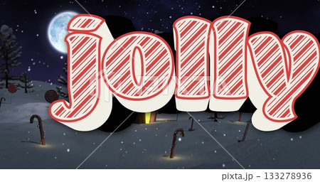 Shining striped jolly lettering on snowy slope at night, with candy-cane lamp posts, full moon 133278936