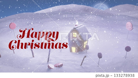 Sitting snowy cottage glowing on candy hill at night, with candy decorations and falling snowflakes 133278938