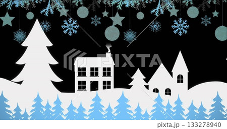 Shining house silhouette emitting smoke in winter night scene, with fir trees and hanging ornaments Shining house silhouette emitting smoke in winter night scene, with fir trees and hanging ornaments 133278940