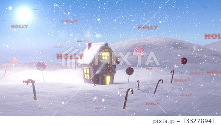 Showing snowy cottage glowing in field, with candy canes, swirl lollipops and HOLLY watermark Showing snowy cottage glowing in field, with candy canes, swirl lollipops and HOLLY watermark 133278941