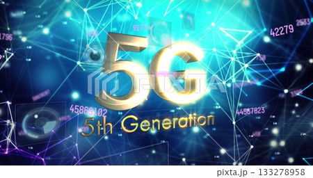 Displaying gold 5G featuring 5th Generation subtitle in digital network with nodes and data floats Displaying gold 5G featuring 5th Generation subtitle in digital network with nodes and data floats 133278958