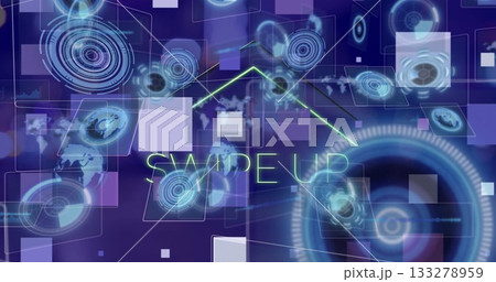 Displaying neon green 'SWIPE UP' text with glowing arrow on purple interface, floating HUD panels 133278959