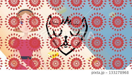 Posing woman wearing red dress, headband on beach with yellow blocks, floating cat face, copy space Posing woman wearing red dress, headband on beach with yellow blocks, floating cat face, copy space 133278968