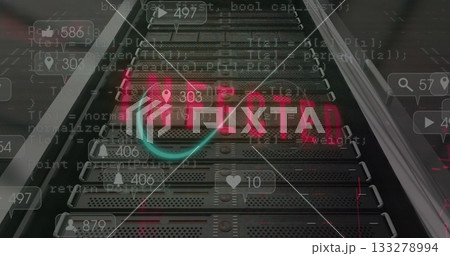 Displaying rack-mounted servers glowing with infected neon sign and overlay icons in data center Displaying rack-mounted servers glowing with infected neon sign and overlay icons in data center 133278994