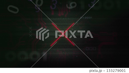 Displaying glowing red X symbol pulsing on dark interface, with binary digits and circuit traces Displaying glowing red X symbol pulsing on dark interface, with binary digits and circuit traces 133279001