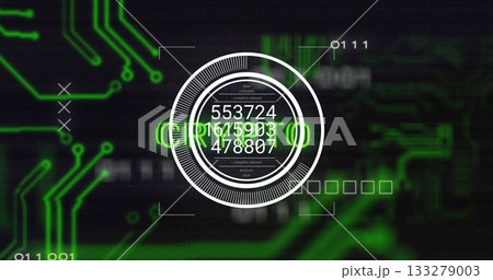 Presenting central circular data interface at HUD, with numeric datasets, circuit and binary code Presenting central circular data interface at HUD, with numeric datasets, circuit and binary code 133279003
