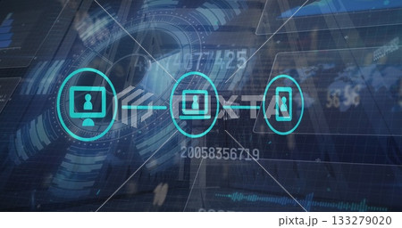 Three teal icons showing users on devices floating in grid, with connecting lines and HUD rings 133279020