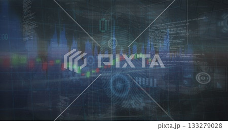 Displaying data on holographic dashboard, with candlestick chart fingerprint scan and code windows Displaying data on holographic dashboard, with candlestick chart fingerprint scan and code windows 133279028