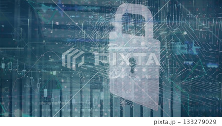 Displaying semi-transparent padlock icon securing interface, with circuit diagrams and bar charts 133279029