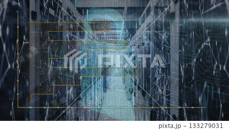 Displaying central data center aisle featuring holographic network overlay, with server racks 133279031
