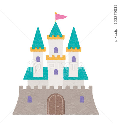 かわいらしいファンタジー風のお城のイラスト　青緑 133279033