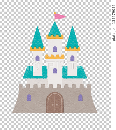 かわいらしいファンタジー風のお城のイラスト　青緑 133279033