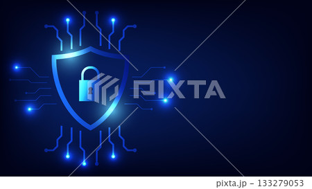 digital padlock with shield and futuristic circuit board on blue background with copy space. cyber security and internet fraud prevention 133279053